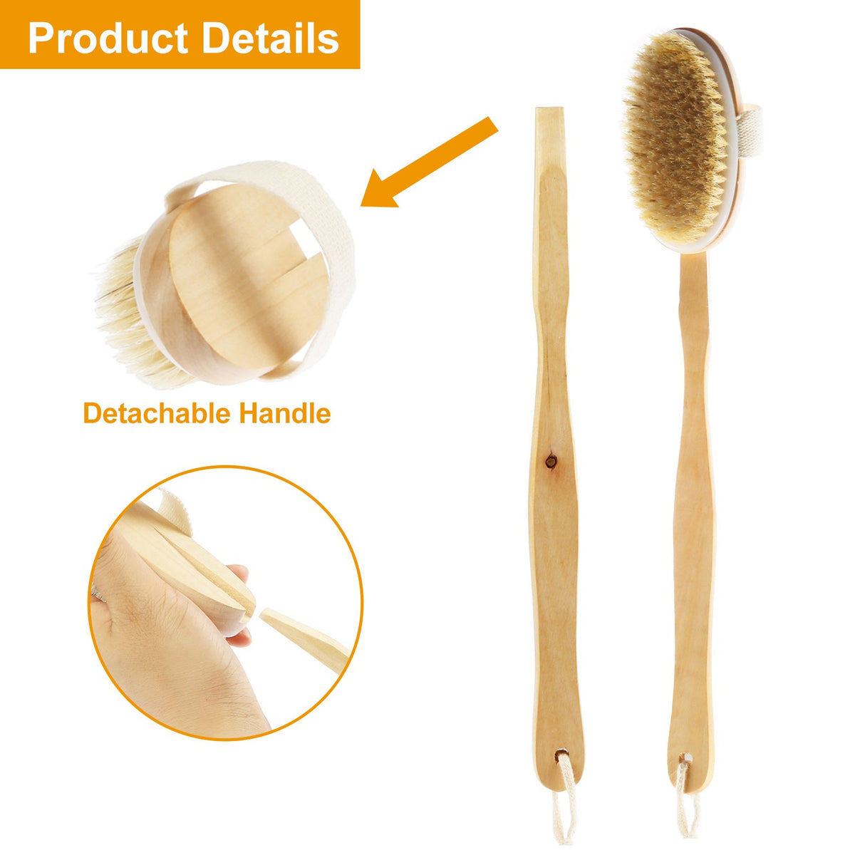 Bath Brush 15" Shower Body Back Scrubber with Long Handle Detachable Brush for Cellulite Exfoliating Detox