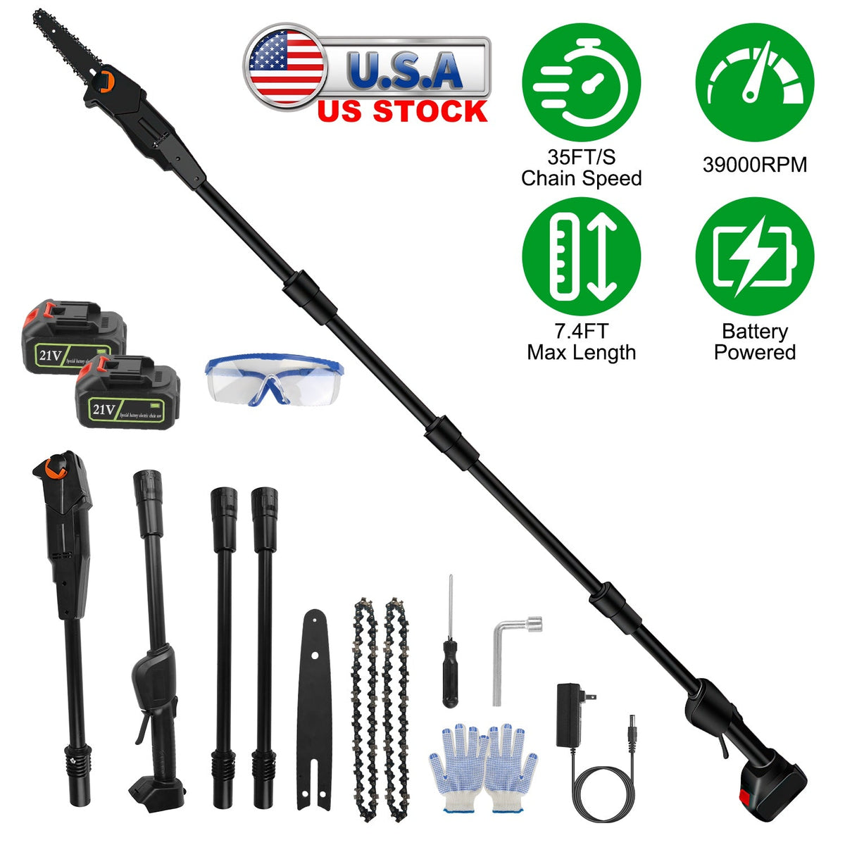 6in Cordless Pole Saw 7.4FT Maximum Extendable Length 35FT/S Speed Electric Pole Chainsaw 2Pcs 3.0Ah Batteries And Charger Included For Pruning Trimmi
