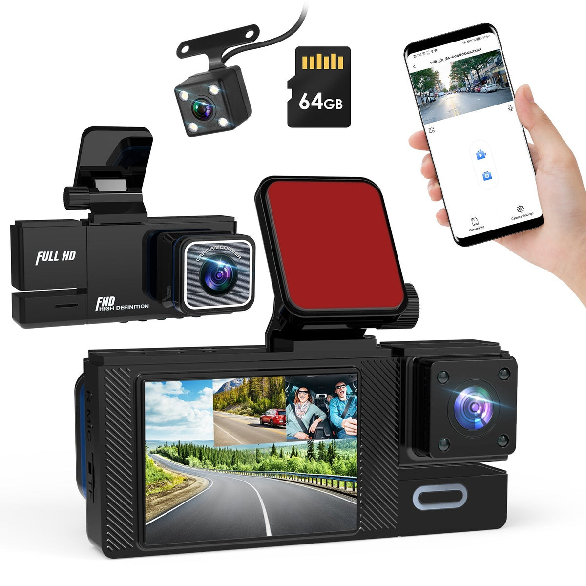 WiFi FHD 1080P Car Dash Cam 3 Channels Front Rear Inside Dash Camera with Loop Recording Reversing Image Night Vision 170¡ Wide Angle Support 64G MMC