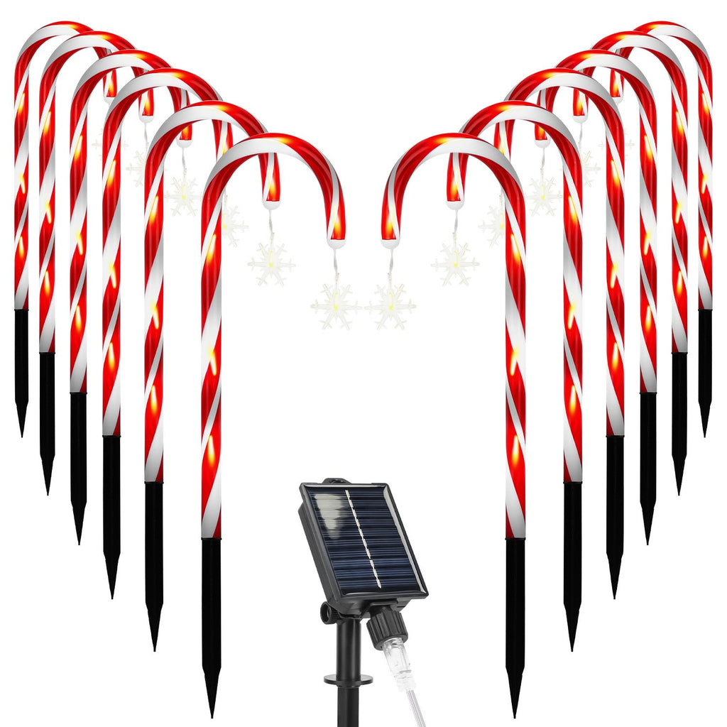 Solar Christmas Candy Cane Lights with 12 Candies 72LEDs Outdoor Christmas Decorations IP44 Waterproof Flickering Pathway Markers String Lights with 8