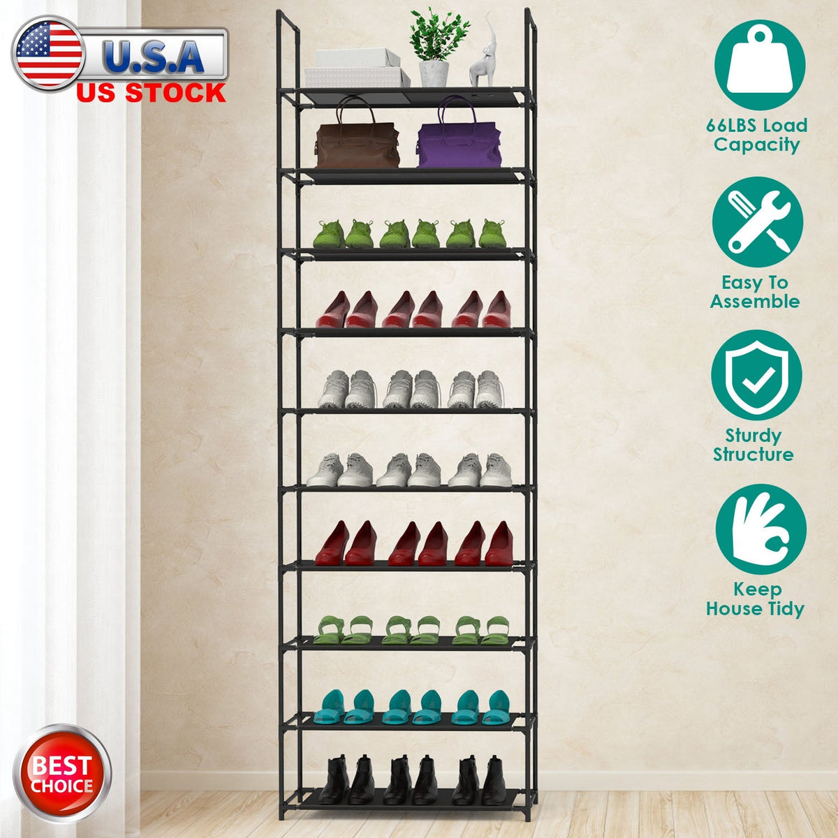 10 Tiers Shoe Rack Space-Saving 25-30Pairs Tall Shoe Shelf 23.03x10.82x72.83Inches Non-Woven Fabric Vertical Shoe Organizer For Hallway Entryway Close