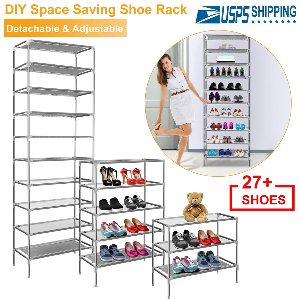 10 Tiers Shoes Rack Shelves 27 Pairs Shoes Storage Organizer Stand Non-Woven Fabric Detachable Shoes Tower Stackable Shoes Storage Rack for Entryway