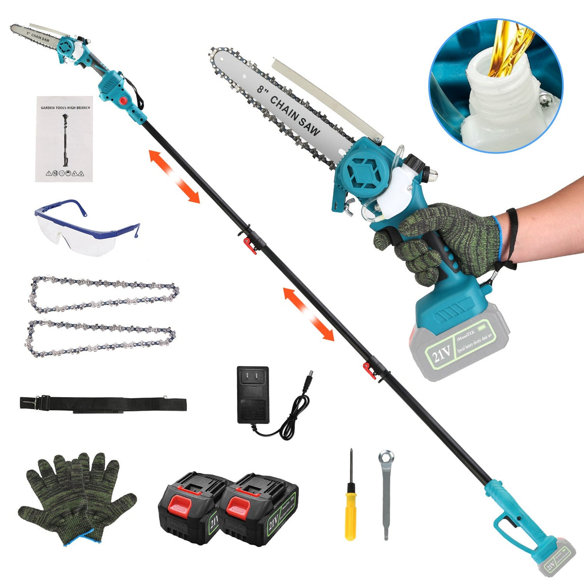 2-IN-1 Cordless Pole Saw And Mini Chainsaw With Extension Pole 21V Battery 8Ó Electric Brushless Pole Chainsaw with Auto Oiler Safety Switch 6.4LBS Li