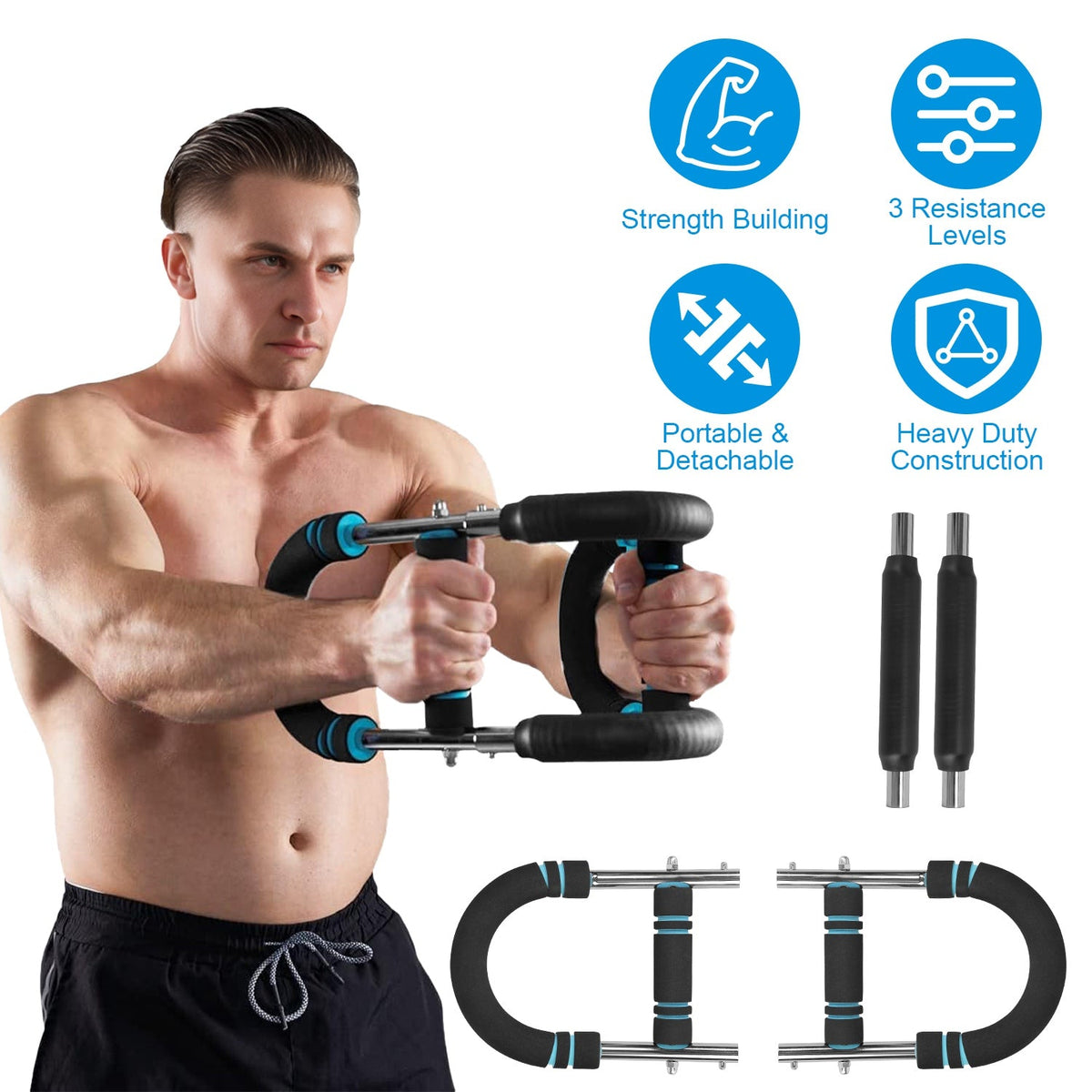Adjustable Twister Arm Exerciser Spring Workout Bar Strength Enhancer for Men with 3 Resistance Levels 66-110LBS Chest Biceps Triceps Thighs Back Work