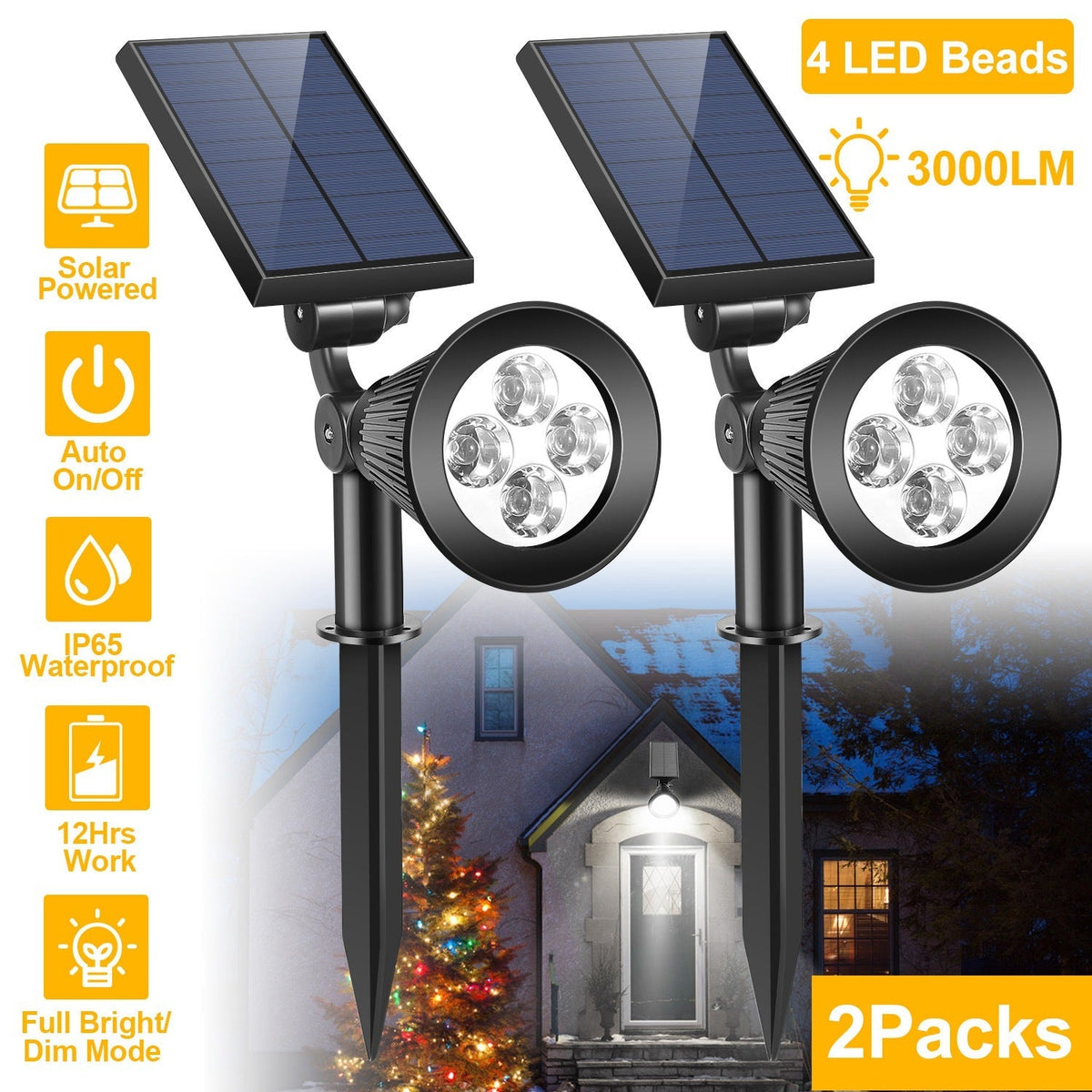 2Pcs Solar Spotlight Outdoor Dusk To Dawn Light Wall Path Lawn Garden Lamp Waterproof