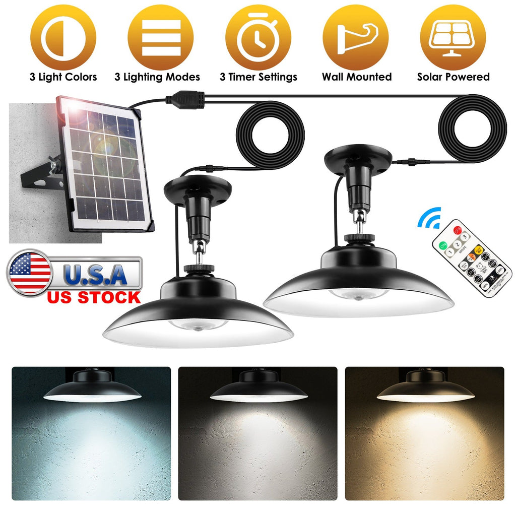 2Pack Solar Shed Lights with Separate Panel Wall Mounted Solar Pendant Light Indoor Outdoor with Remote Timer 3 Modes 3 Light Colors IP 55 Waterproof