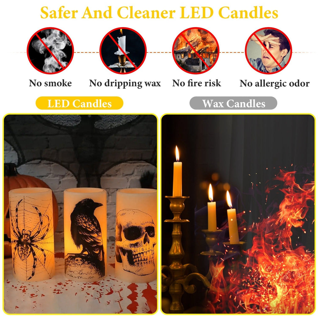 3 Pack Halloween Flameless Candle Lamp with Timer Setting Battery Operated Warm Orange Light Candles for Halloween Party Decoration Spider Crow Skull