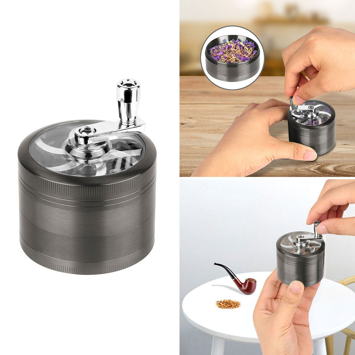 Herb Spice Tobacco Grinder 2.5-inch 4-Piece Zinc Alloy Hand Crank Crusher Kitchen Mill with Pollen Scraper