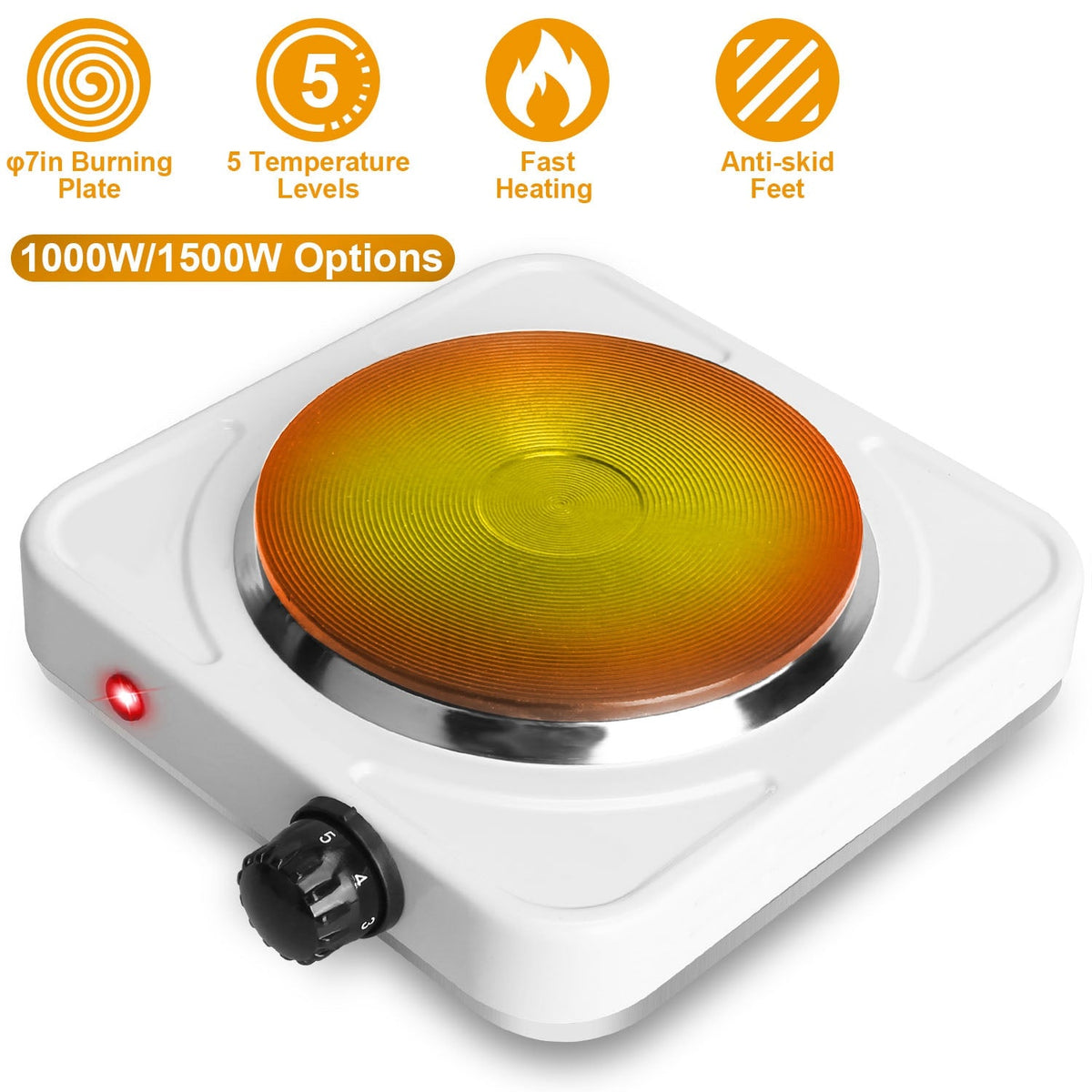 1500W Electric Single Burner Portable Heating Hot Plate Stove Countertop RV Hotplate with Non Slip Rubber Feet 5 Temperature Adjustments