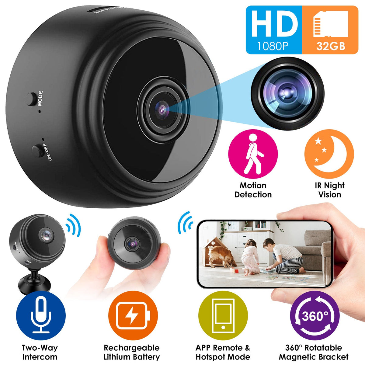 Mini CameraÊWireless Wifi IP Home Security Cam 1080P Full HD Surveillance Camera Nanny Cam w/ 32G MMC Card
