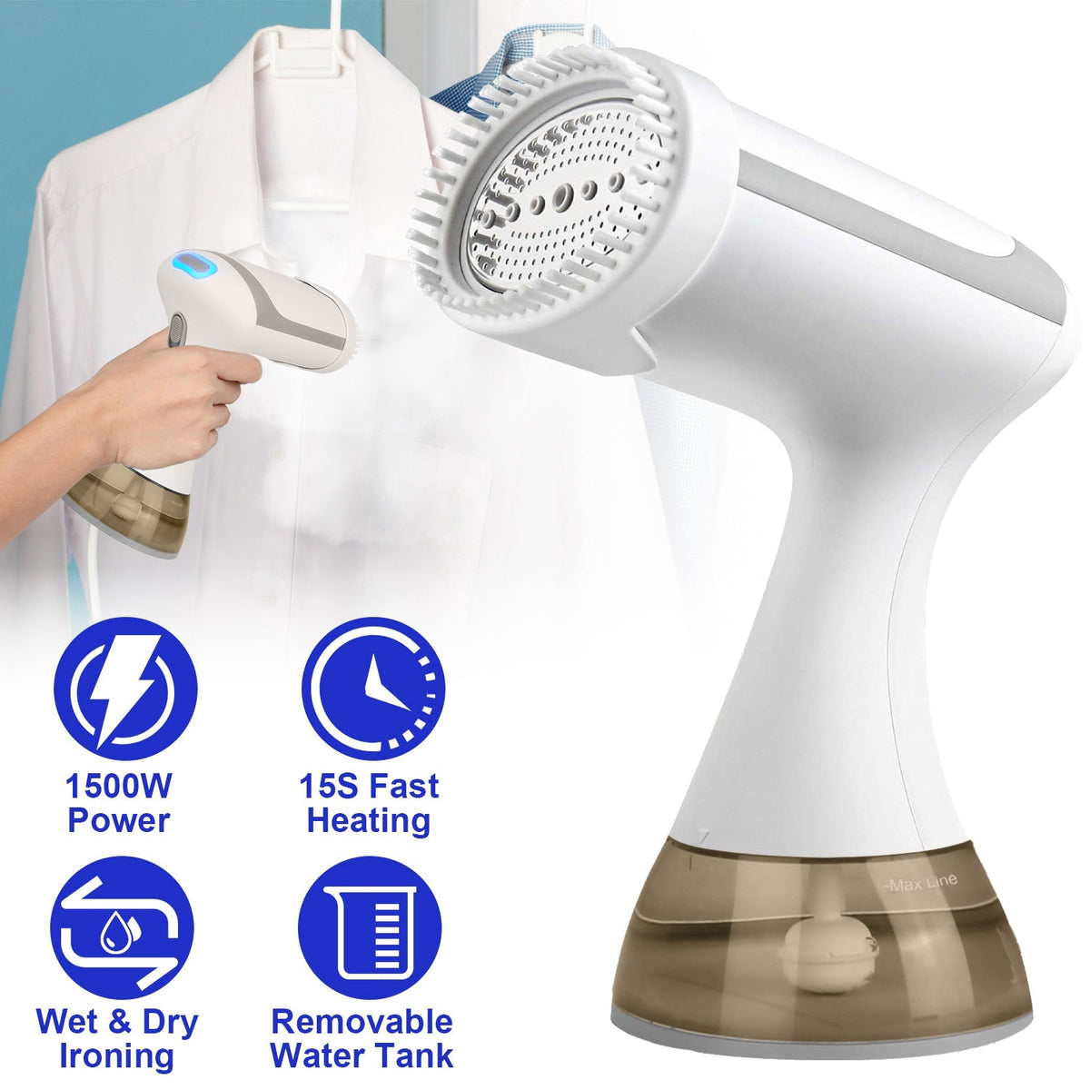 1500W Garment Steamer Portable Handheld Fabric Steamer with Lint Brush Removable 350ML Water Tank Wet Dry Ironing for Home Travel Office