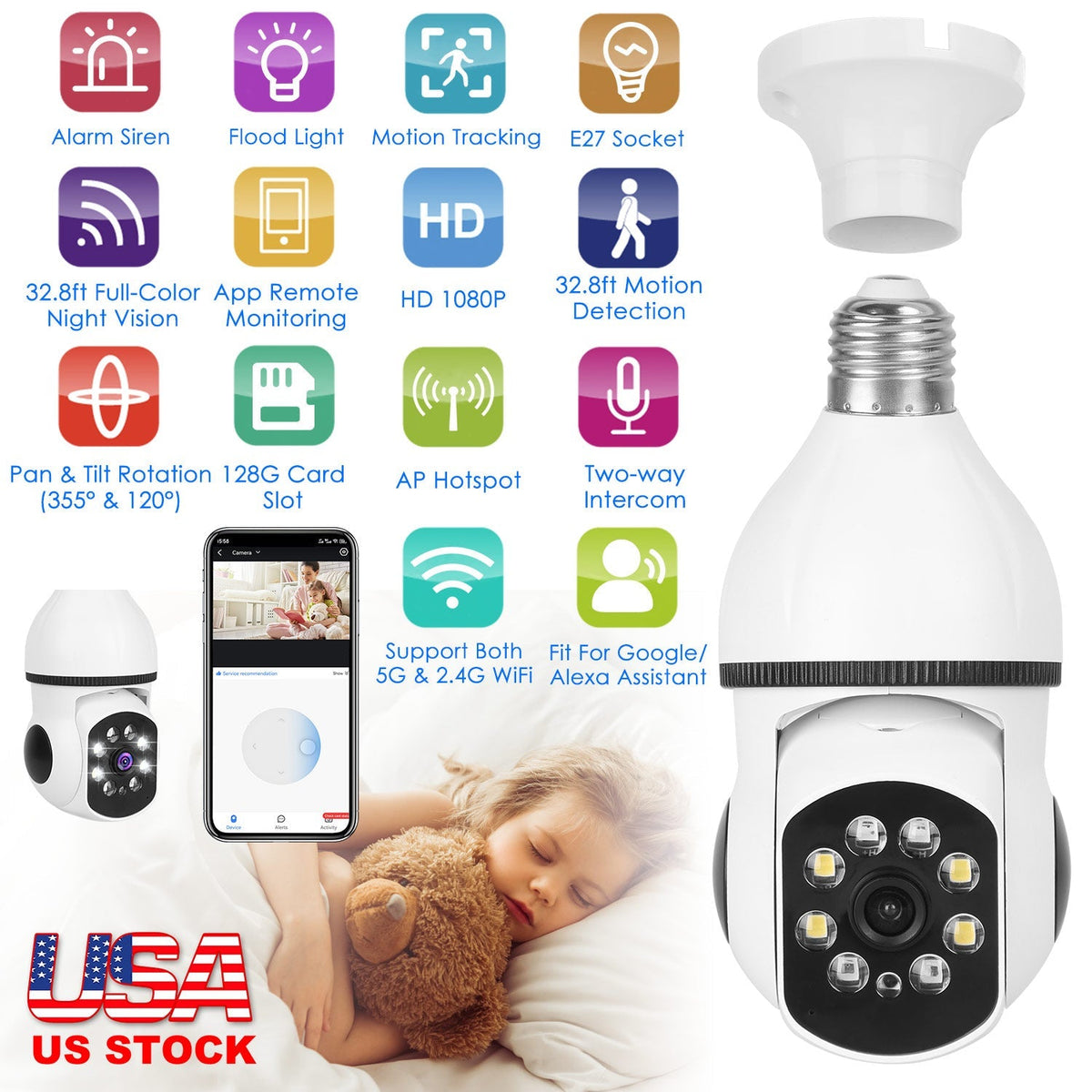 E27 WiFi Bulb Camera 1080P FHD WiFi IP Pan Tilt Security Surveillance Camera with Two-Way Audio Full Color Night Vision Flood Light Motion Tracking Si