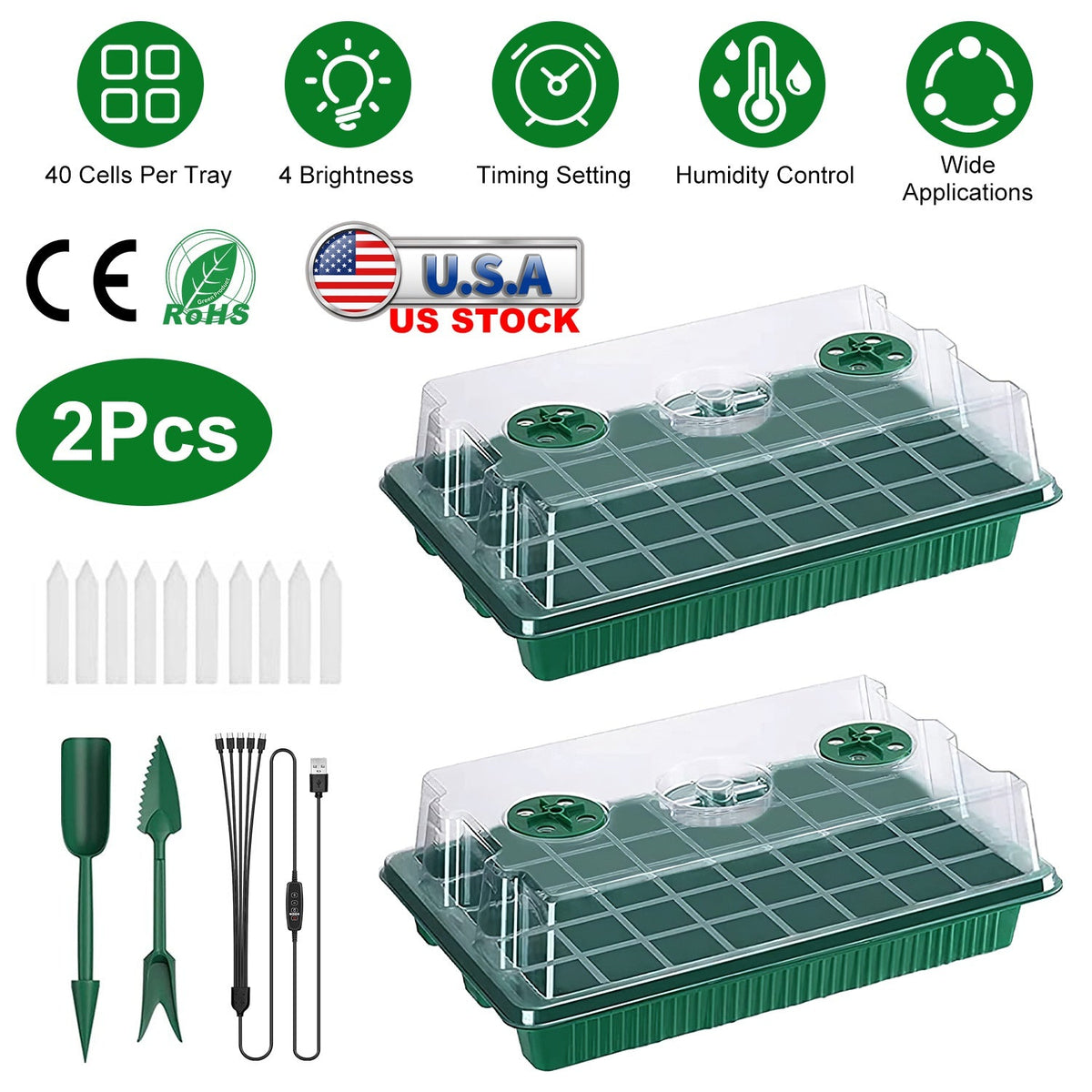 2Pcs 40 Cells Seed Starter Tray Plant Grow Light with 4 Adjustable Brightness Automatic Timing Setting Humidity Dome Plant Germination Garden