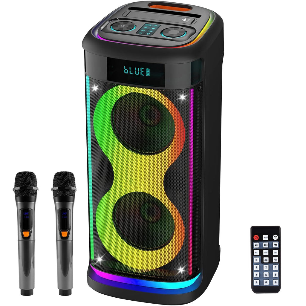 Portable Wireless Party Speaker | LED Lights, 2 Wireless Mics, Remote, TWS & Guitar Input