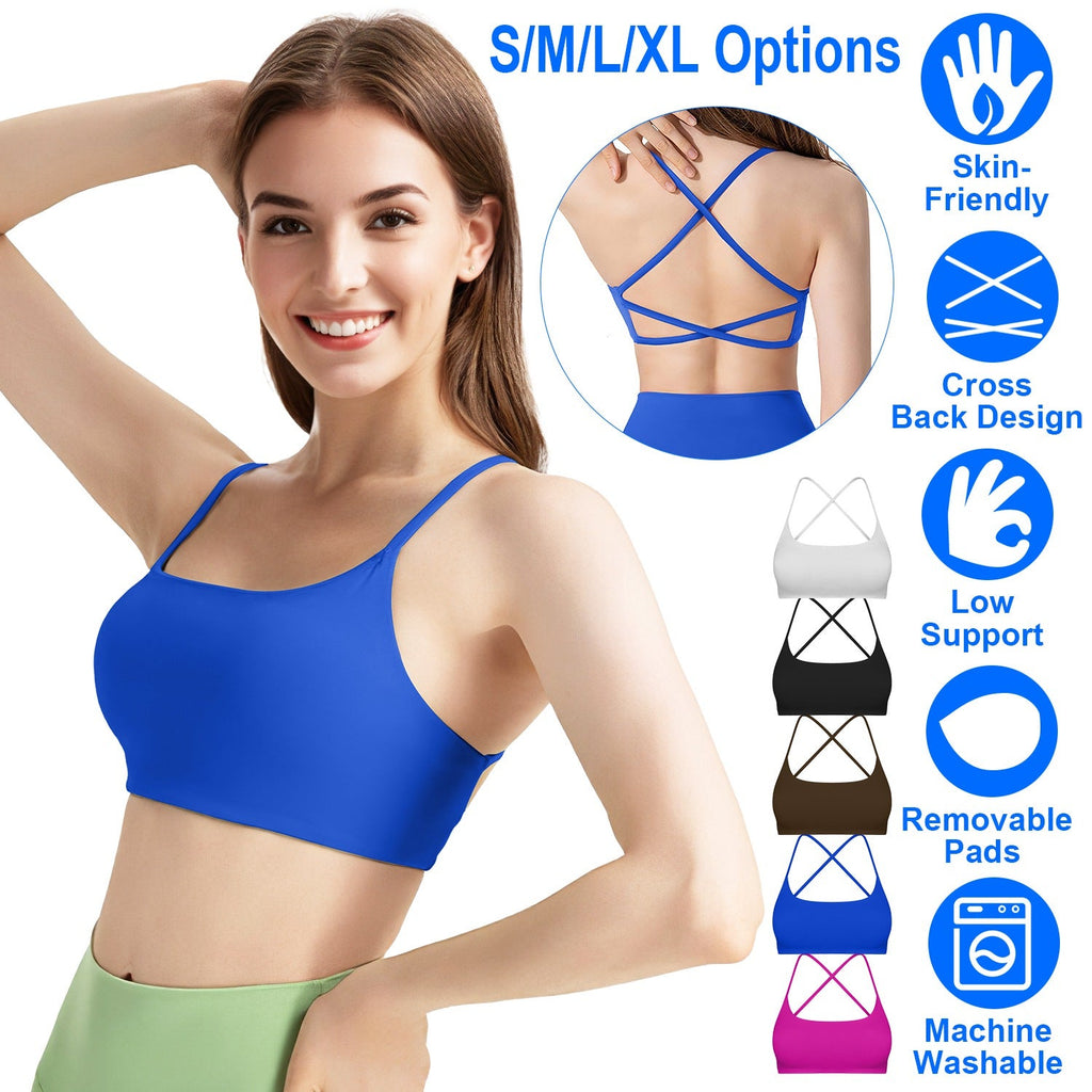 Women Cross Back Sport Bras Padded StrappyÊCrop Open Back Low Impact Bras SexyÊFitnessÊTank Tops with Removable Pads Thin Straps for Gym Yoga Workout