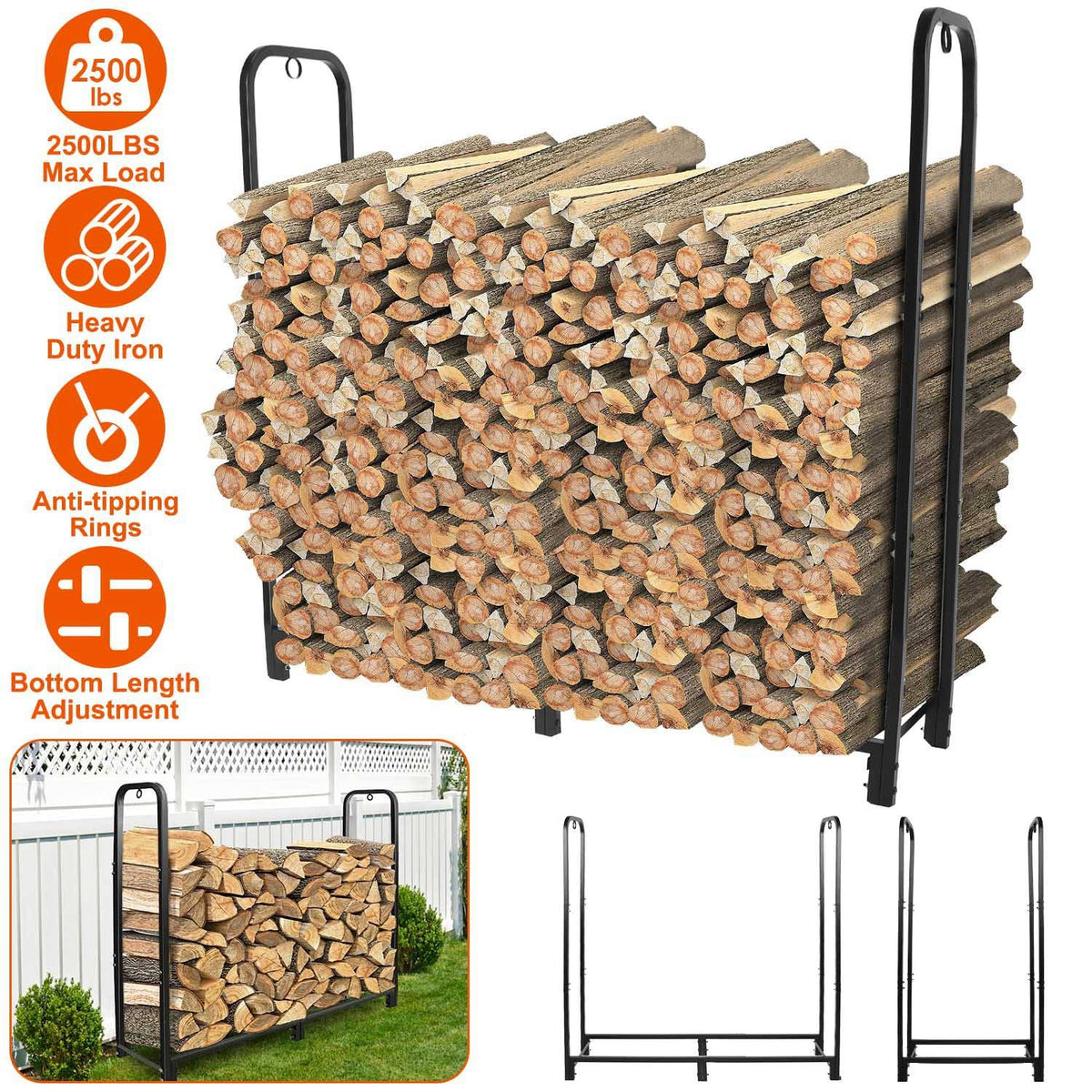 Firewood Log Rack 2500LBS Iron Wood Lumber Storage Stacking Rack 4.03ft Heavy Duty Pile Lumber Storage Holder for Fireplace Firepit