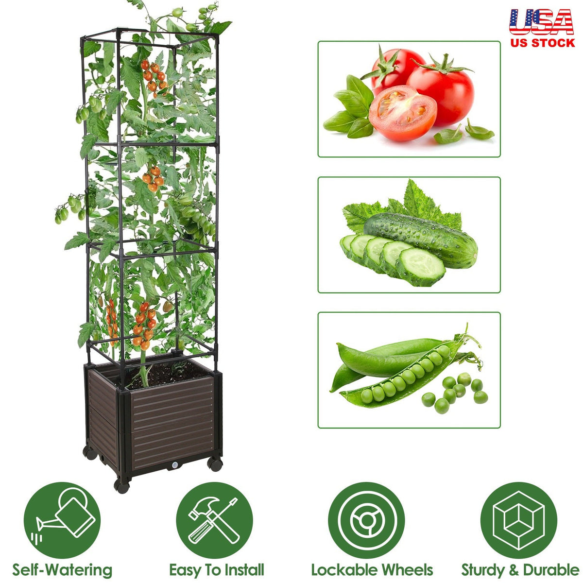 62.99IN Raised Garden Bed Planter Box with Trellis Wheels Self-Watering Vertical Raised Planter Box Crater for Climbing Plants Vegetable Vine Flowers