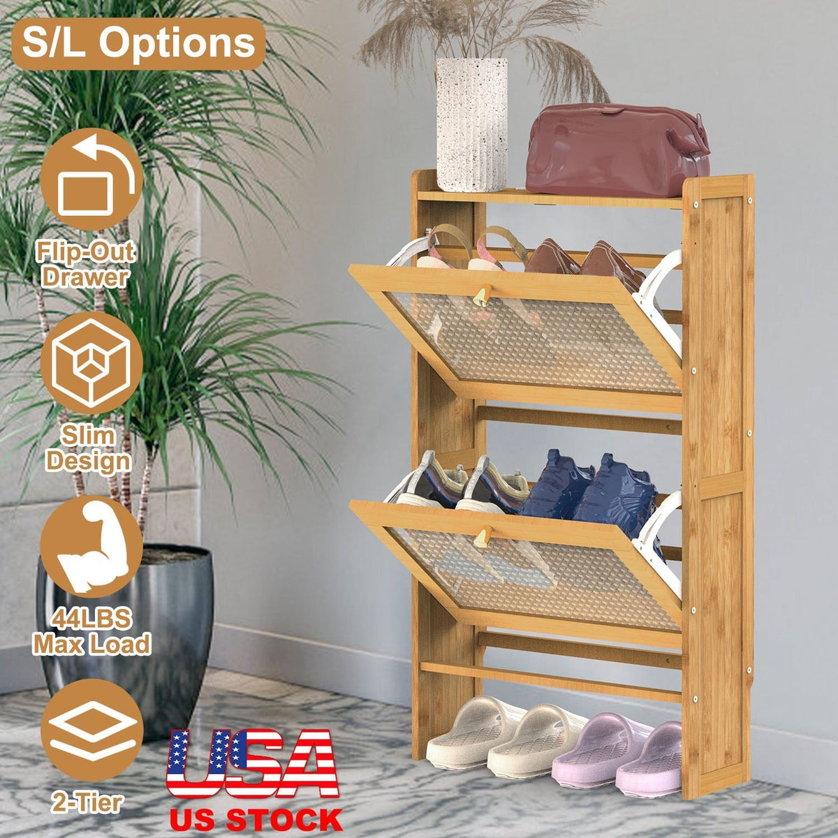 2-Tier Shoe CabinetÊwith 2 Flip Drawers Slim Bamboo Shoe Rack Freestanding Narrow Shoe Organizer with 44lbs Max Load for Entryway Hallway