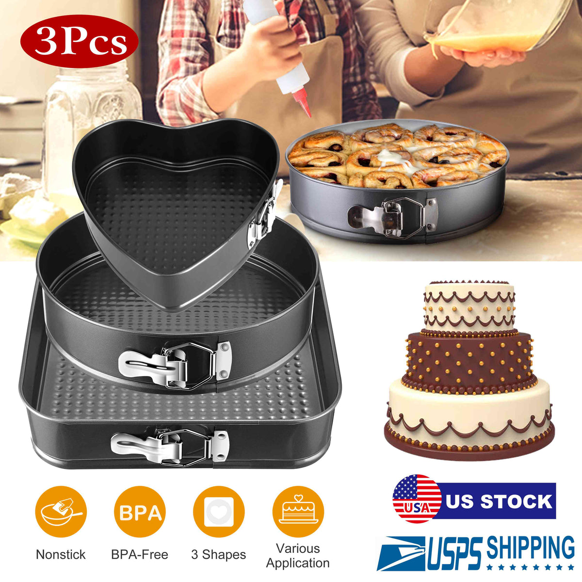 Non-stick Springform Cake Pan Leakproof 9"10"11" Bakeware Pan w/ Removable Bottom 3Pcs/Set