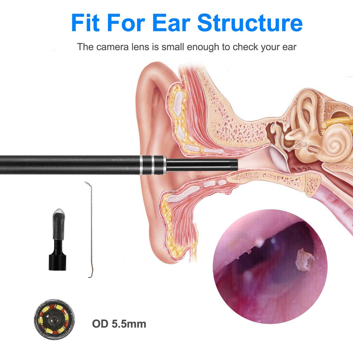 Ear Endoscope Otoscope Visual Earpick Ear Cleaning Camera Ear Wax Removal Tool IP67 Waterproof 3 in 1 Borescope w/ 6 Adjustable LED for Android