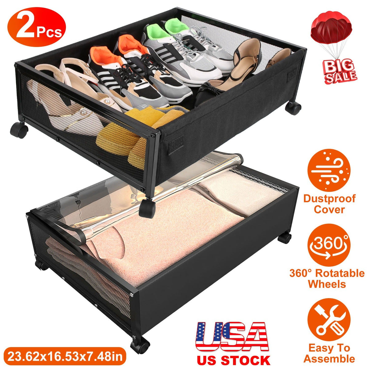 2Pcs Under Bed Storage Containers with 360¡ Rotatable Wheels Visible Dustproof Cover Under Bed Drawer with Clear Window Bedroom Storage Organizer