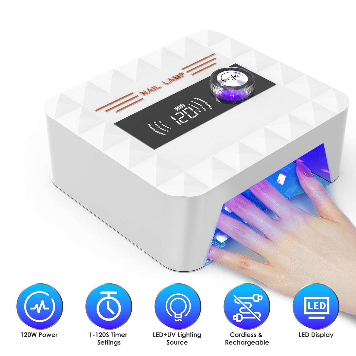 120W Cordless UV Nail Lamp Rechargeable Gel Curing Lamp Gel Polish Light Nail Dryer with LED Display 1-120S Timer Settings 30 LED Beads for Salon and