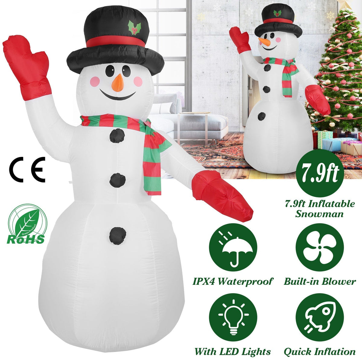 7.9FT Christmas Inflatable Giant Snowman Blow up Light up Snowman with LED Lights Hat Scarf  IPX4 Waterproof Christmas Outdoor Yard Lawn Holiday Decor