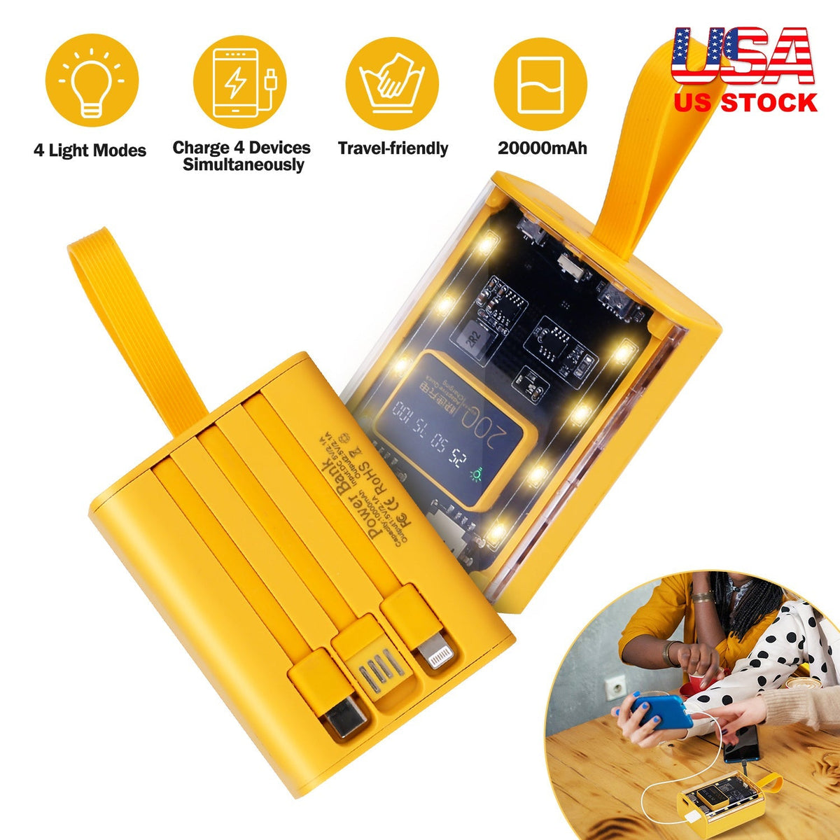 20000mAh Transparent Power Bank Portable Mini Phone Charger External Battery Pack with 3 Inbuilt Cables 4 Light Modes Digital Display Handle