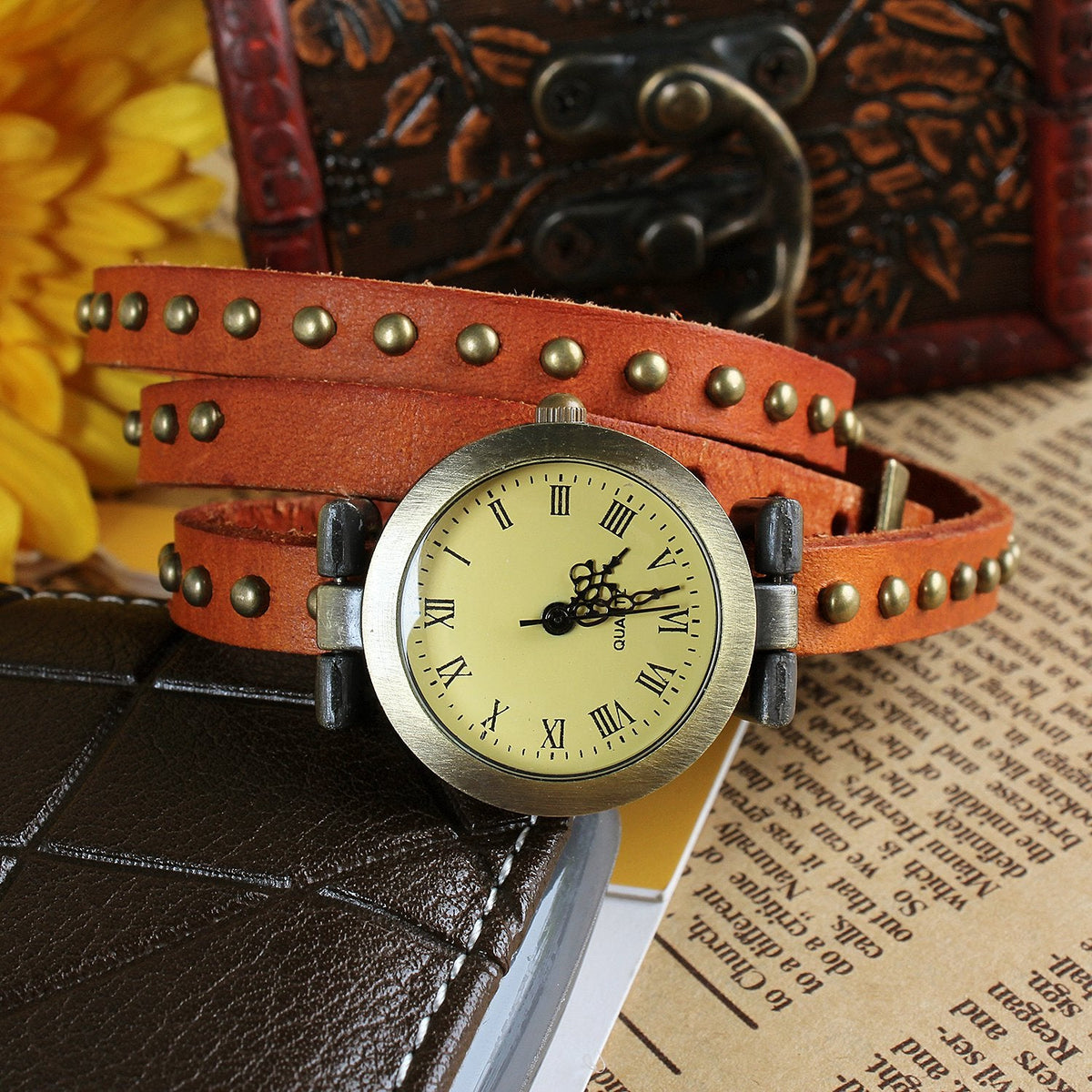 Fashionable Rivet Leather Belt Retro Watch Hand Chain-orangered