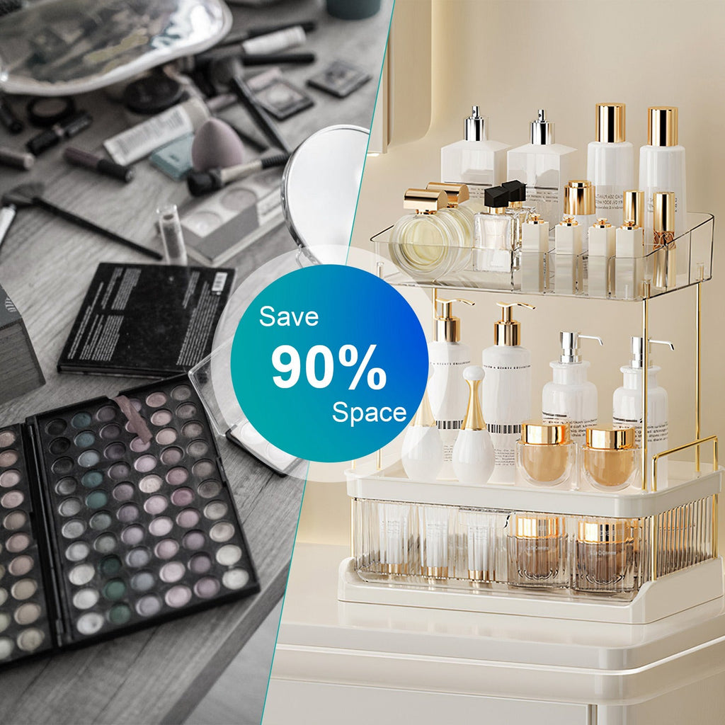 3 Tier Makeup Organizer for Vanity Large Capacity Skincare Shelf Bathroom Countertop Organizer with Drawer for Lipsticks Lotion Toner Perfumer Masks