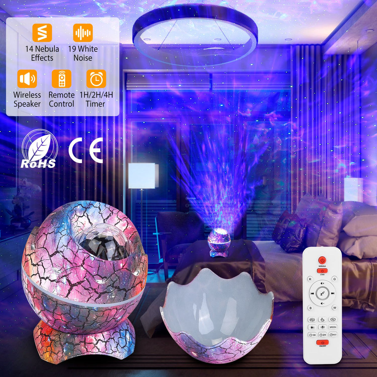Star Projector Lamp Galaxy Light Dinosaur Egg Light Nebula Star Party Light Lamp with Wireless Speaker White Noise Remote Control