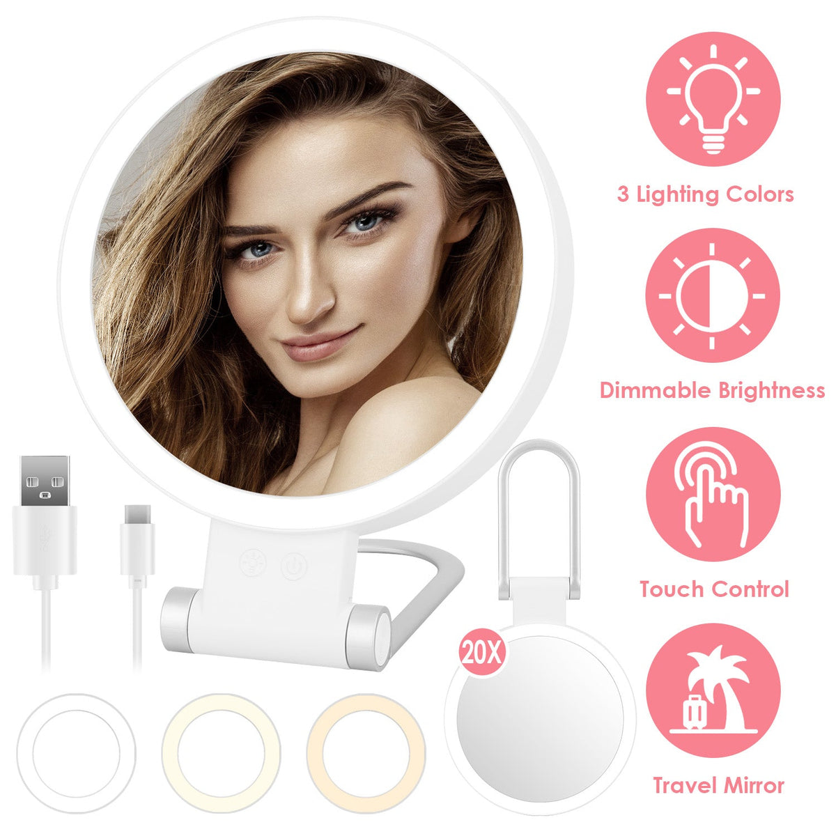 20X/1X Double-Sided Magnifying Makeup Mirror With Light Rechargeable Travel Makeup Mirror With 3 Colors Dimmable Brightness Adjustable Stand Vanity Ta
