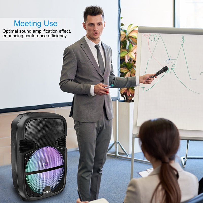 KOCASO Wireless Speaker Portable PA Karaoke System with 12" Subwoofer FM Radio Wired Microphone w/ DJ Lights FM Remote Control