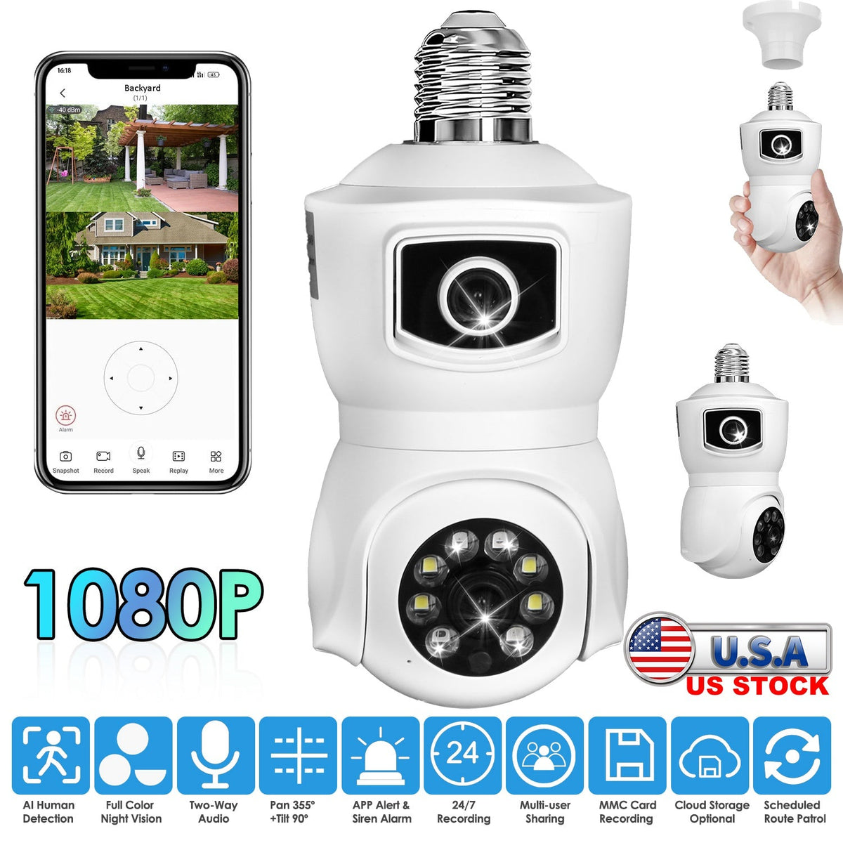 Dual Lens Security Camera E27 Light Socket Surveillance Camera 1080P WiFi IP Camera with APP Control AI Human Detection Full Color Night Vision Two-Wa