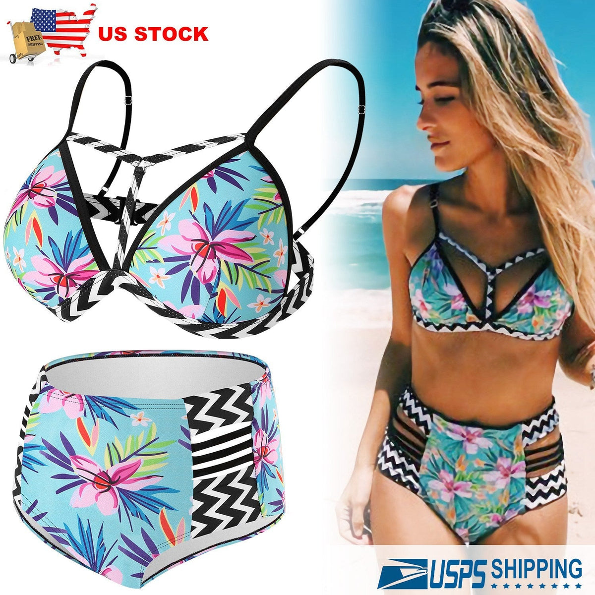 Bikini Swimsuit For Women Floral Padded Push Up Bikini Sets Two Pieces High-Waist Swimwear w/ Adjustable Shoulder Straps For Beach Swimming Pool