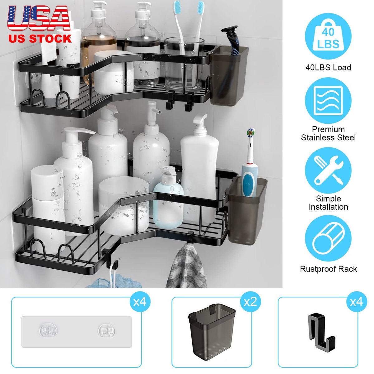 2Pcs Corner Shower Caddy Anti-Rust Soap Holder Hanging Hook No Drilling Adhesive Shower Organizer Corner Shelves Bathroom Kitchen