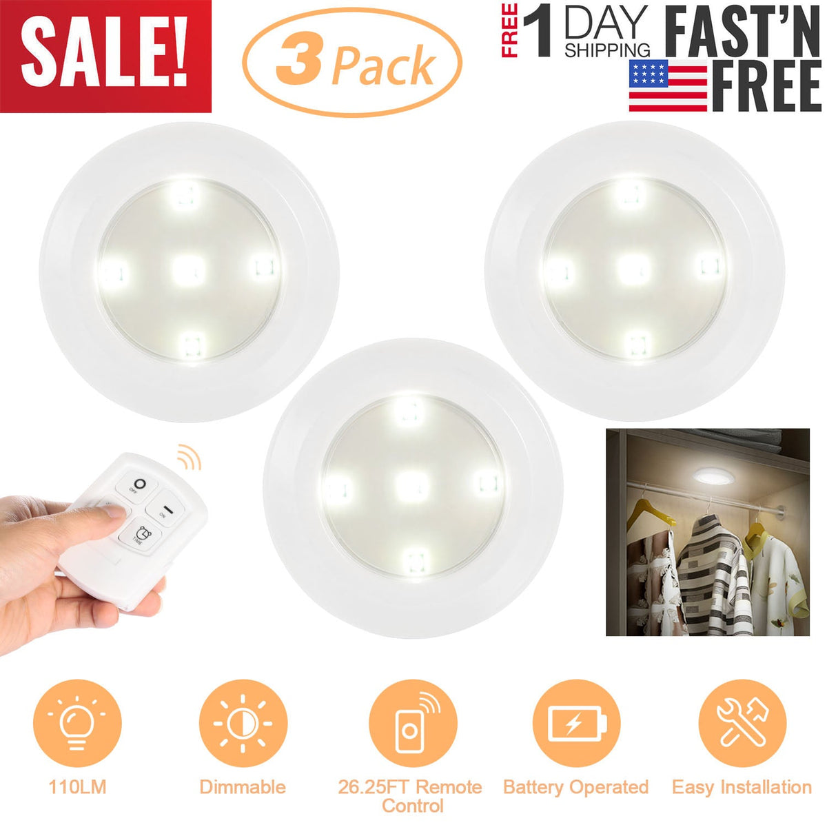 3 Pack LED Closet Lights Wireless Puck Lights w/ 26FT Remote Control Timer Dimmable Battery Operated Stick On Taps Lights for Cabinet Kitchen Stairs