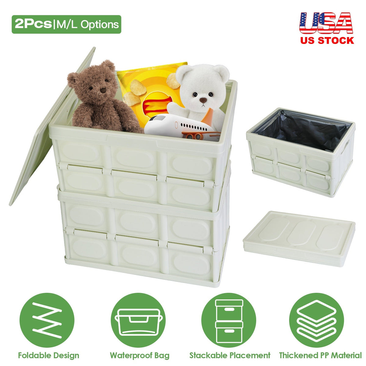 2Pcs 30L Collapsible Storage Bins With Dustproof Lid Waterproof Interior Bag Handle Stackable Storage Box Container Utility Organizer Crate For Campin