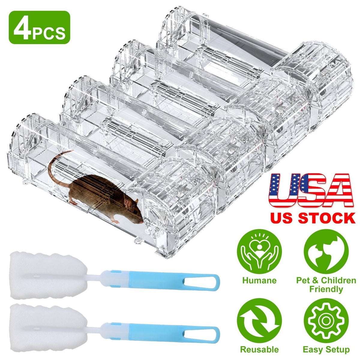 4Pcs Humane Live Mouse Trap Reusable Rat Rodent Trap Catch Release Cage Safe for Family Children Pets Easy Setup