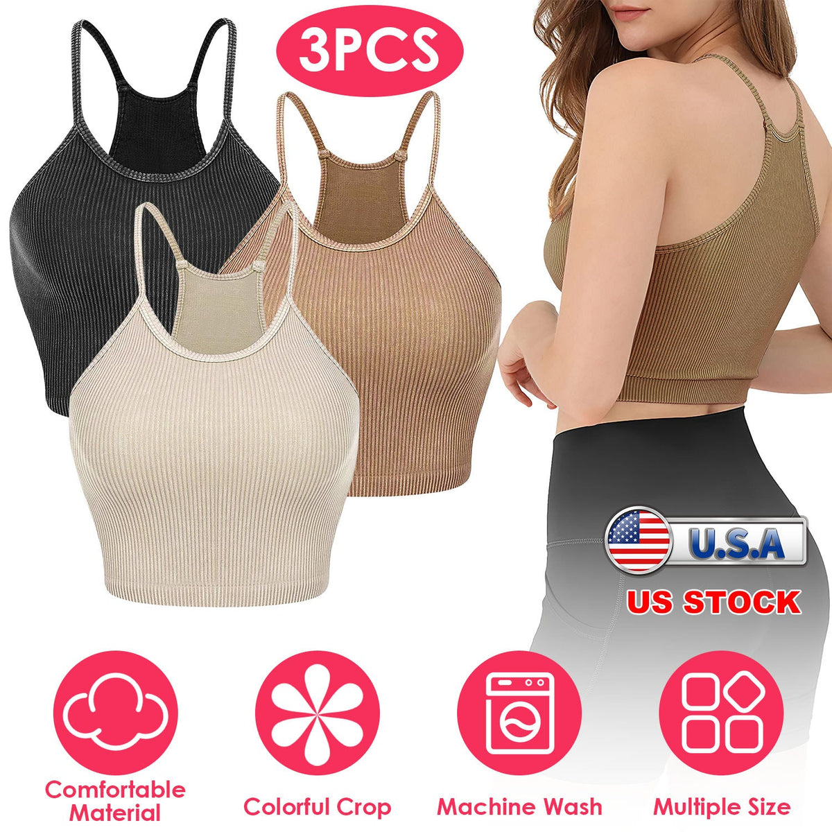 3 Pack Women Crop Basic Tank Top Ribbed Knit Sleeveless Round Neck 9 Color Machine Wash Summer Crop S to XL