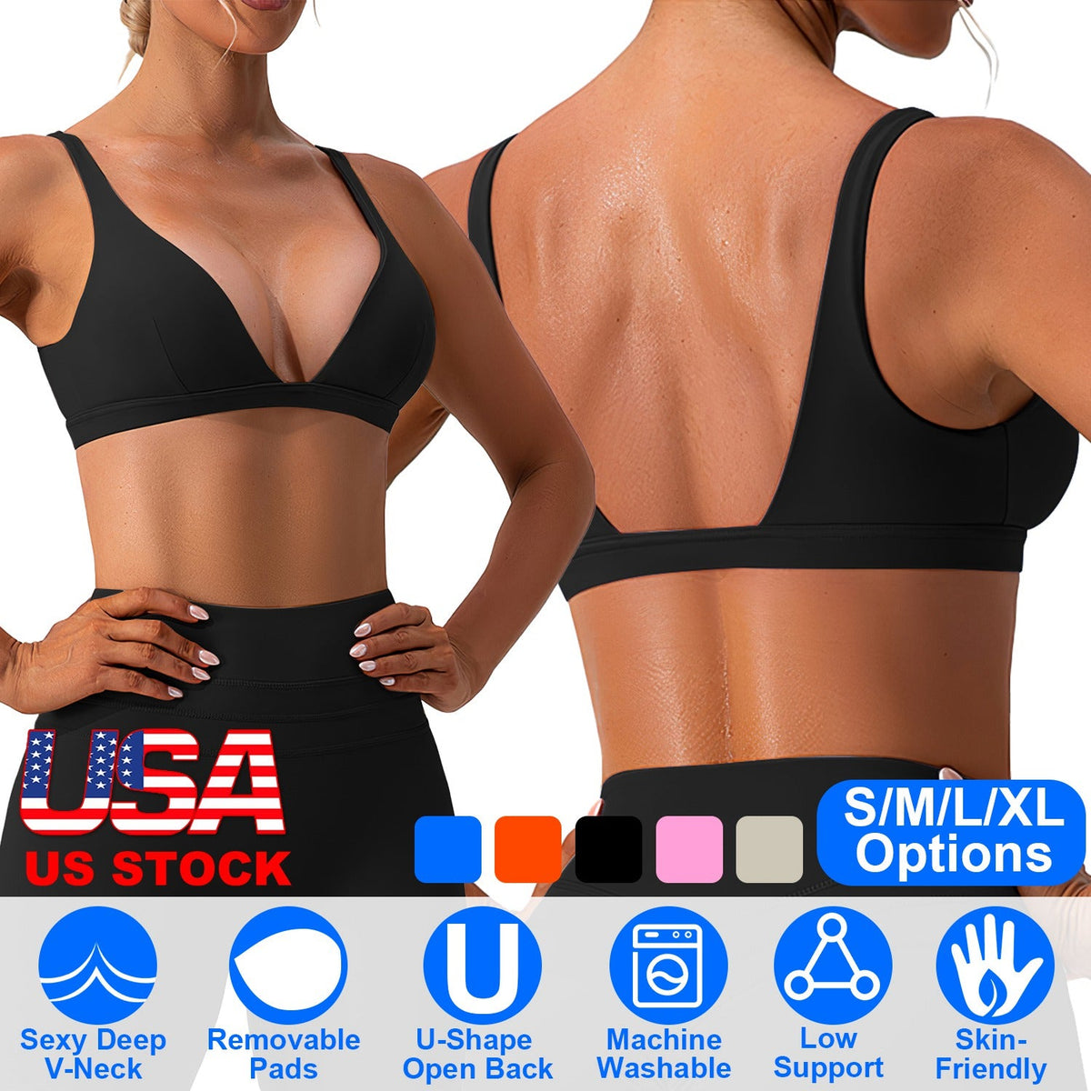 Women Deep V-Neck Sports Bras U-Shaped Back Sport Bras Padded StrappyÊCrop Open Back Low Impact Bras SexyÊFitnessÊTank Tops with Removable Pads for Gy
