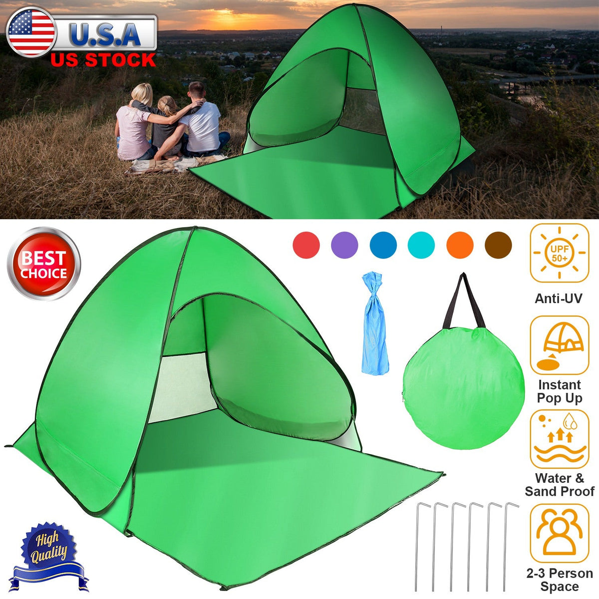 Pop Up Beach Tent Sun Shade Shelter Anti-UV Automatic Waterproof Tent Canopy for 2/3 Man w/ Net Window Storage Bag for Outdoor Beach Camping Fishing P