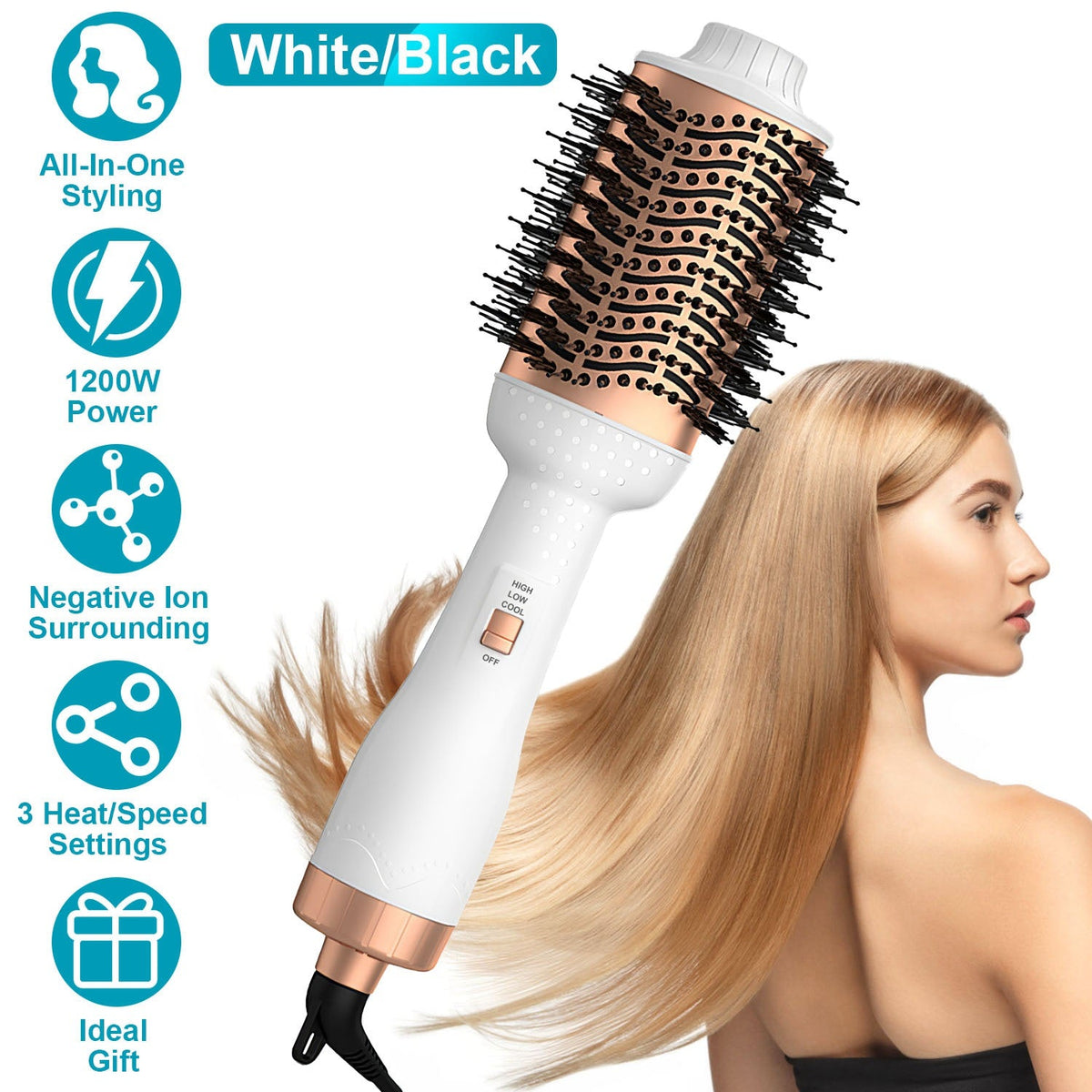 4 In 1 Hair Dryer Brush Curling Brush Hair Styler Volumizer Straightener Negative Ion Anti-frizz Hot-Air Hair Brush for All Hair Types Black White