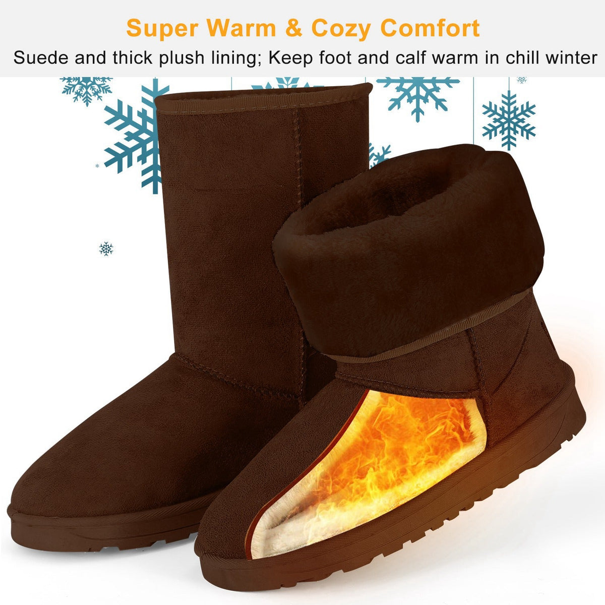 Women Ladies Snow Boots Waterproof Faux Suede Mid-Calf Boots Fur Warm Lining Shoes