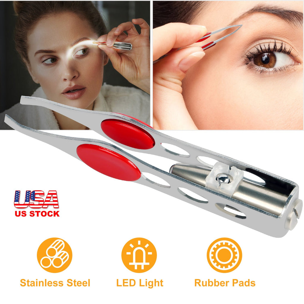 LED Eyebrow Tweezer Stainless Steel Make Up Tweezer w/ LED Light Rubber Finger Pads For Eyebrow Eyelash Hair Removal