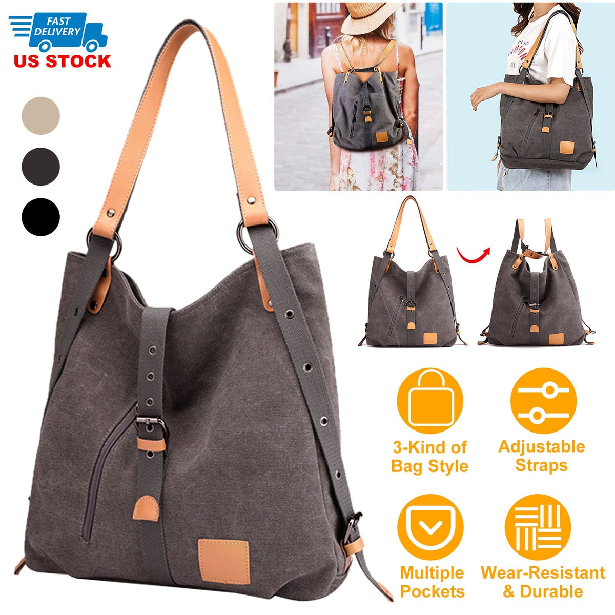 Ladies Canvas Tote Bag Multifunctional Purse Handbag Adjustable Shoulder Rucksack Convertible Backpack Wear-Resistant Dirt-Proof For Women School Offi