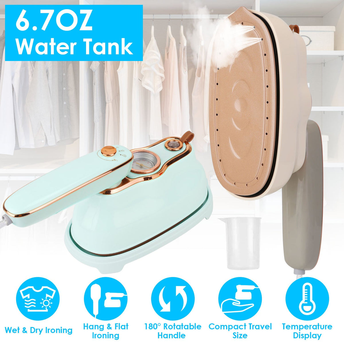 1200W Foldable Handheld Clothes Iron Steamer with Wet Dry Ironing Mode Portable Garment Steamer Travel Clothing Wrinkles Remover With Temperature Disp