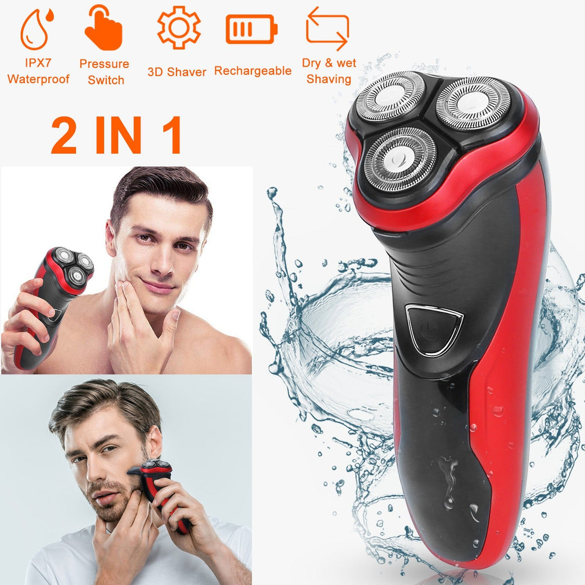 Electric Shaver Razor for Men IPX7 Waterproof Beard Trimmer 3D Rechargeable Painless Rotary Shaver with Pop up Trimmer 2 in 1 Electric Shaver