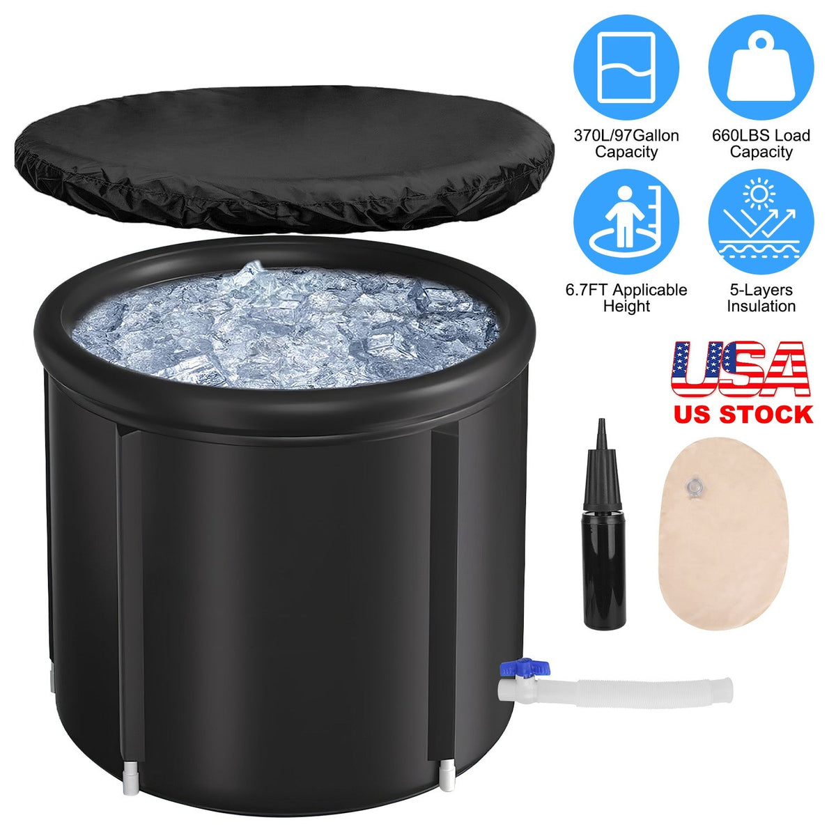97Gal Large Size Ice BathTub with Cover for Adults Athletes Recovery Cold Water Therapy Outdoor Portable Cold Plunge Tub 660LBS Load Capacity 33.46x29