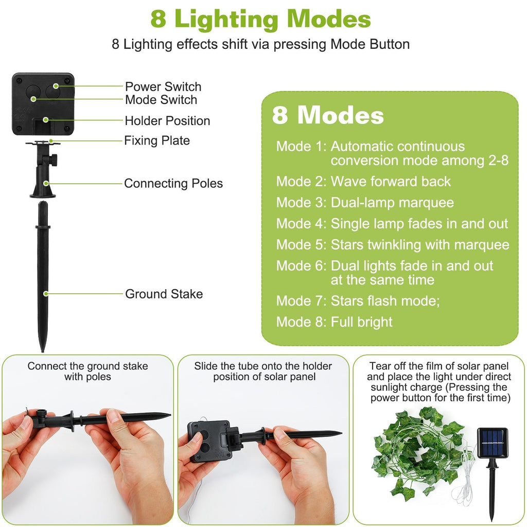 Artificial Ivy Solar Powered String Lights 180Pcs Leaves 50Pcs LED Beads Fake Leaf Fairy Lamps IP65 Waterproof DIY Decorative Night Light For Wedding
